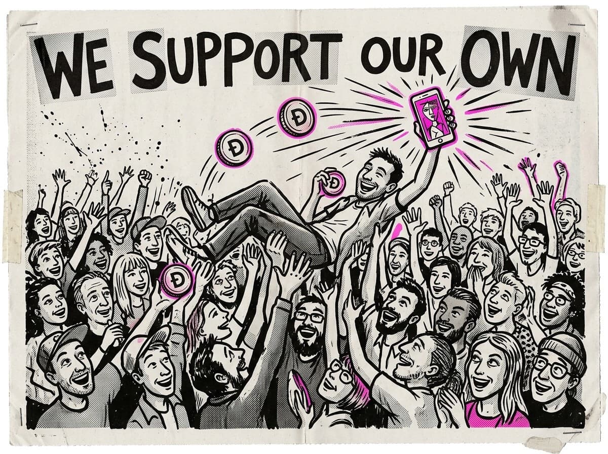 A screenprinted poster: a joyful crowd of artists hoisting one of their own overhead and passing currency up to them.